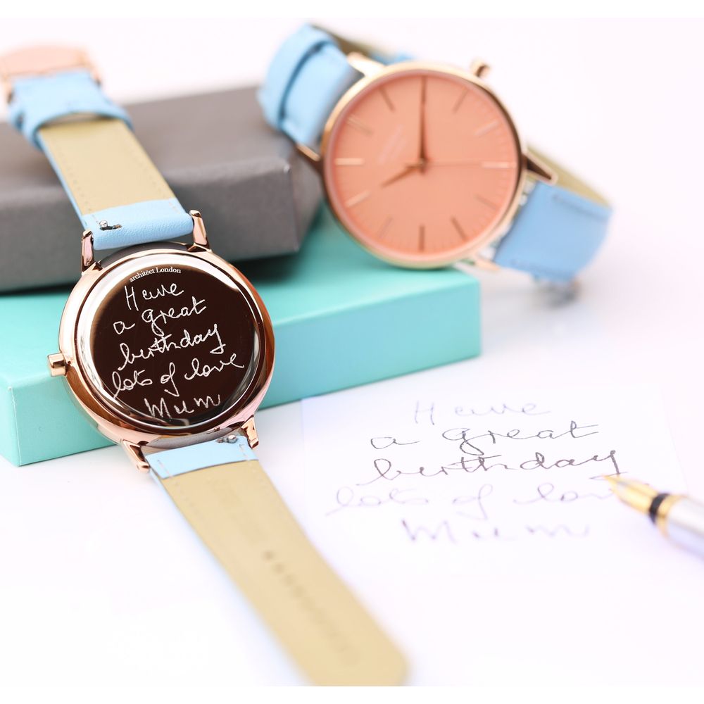 Ladies Architēct Coral - Handwriting Engraving + Light Blue Strap