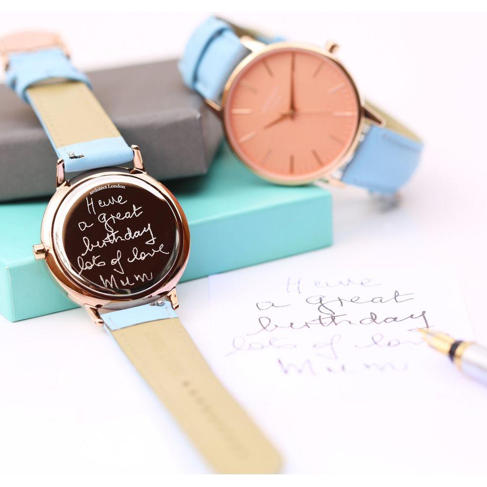 Ladies Architēct Coral - Handwriting Engraving + Light Blue Strap