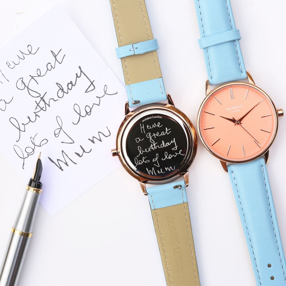 Ladies Architēct Coral - Handwriting Engraving + Light Blue Strap