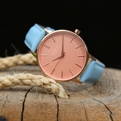 Load image into Gallery viewer, Ladies Architēct Coral - Handwriting Engraving + Light Blue Strap
