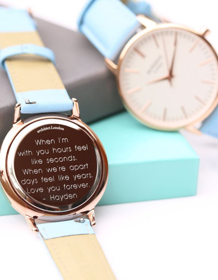 Ladies Architēct Blanc - Modern Font Engraving + Light Blue Strap