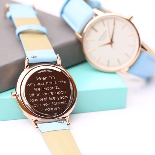 Load image into Gallery viewer, Ladies Architēct Blanc - Modern Font Engraving + Light Blue Strap
