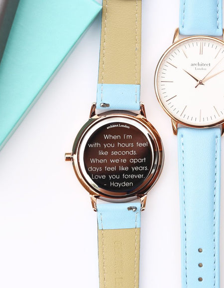 Ladies Architēct Blanc - Modern Font Engraving + Light Blue Strap