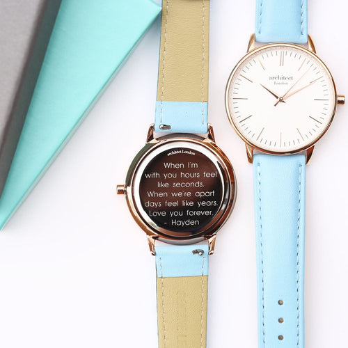 Load image into Gallery viewer, Ladies Architēct Blanc - Modern Font Engraving + Light Blue Strap
