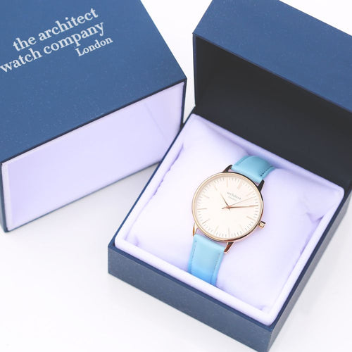 Load image into Gallery viewer, Ladies Architēct Blanc - Modern Font Engraving + Light Blue Strap
