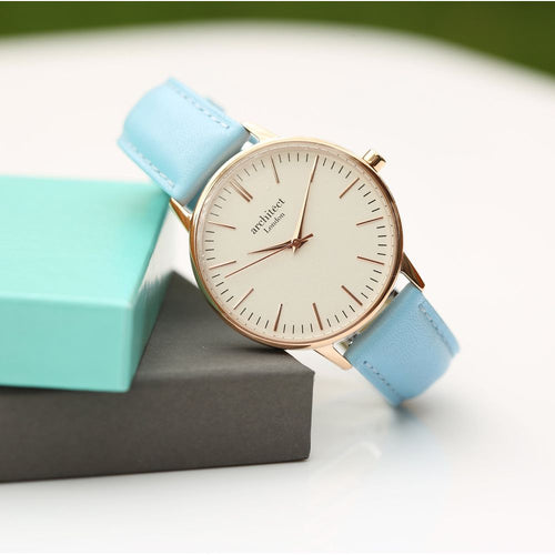 Load image into Gallery viewer, Ladies Architēct Blanc - Modern Font Engraving + Light Blue Strap
