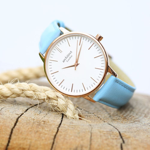 Load image into Gallery viewer, Ladies Architēct Blanc - Modern Font Engraving + Light Blue Strap
