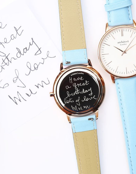 Ladies Architēct Blanc - Handwriting Engraving + Light Blue Strap