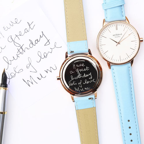 Load image into Gallery viewer, Ladies Architēct Blanc - Handwriting Engraving + Light Blue Strap
