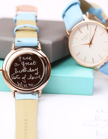 Ladies Architēct Blanc - Handwriting Engraving + Light Blue Strap