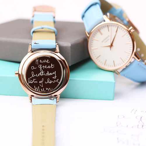 Load image into Gallery viewer, Ladies Architēct Blanc - Handwriting Engraving + Light Blue Strap
