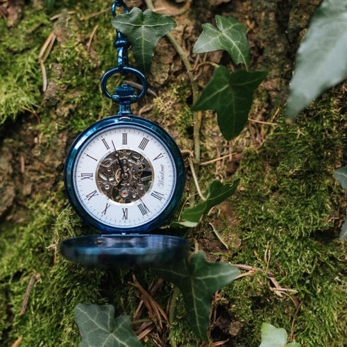 Load image into Gallery viewer, Waidzeit Franz Ferdinand Skeleton pocket watch blue
