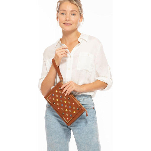 Load image into Gallery viewer, Studded Crossbody Brown Clutch
