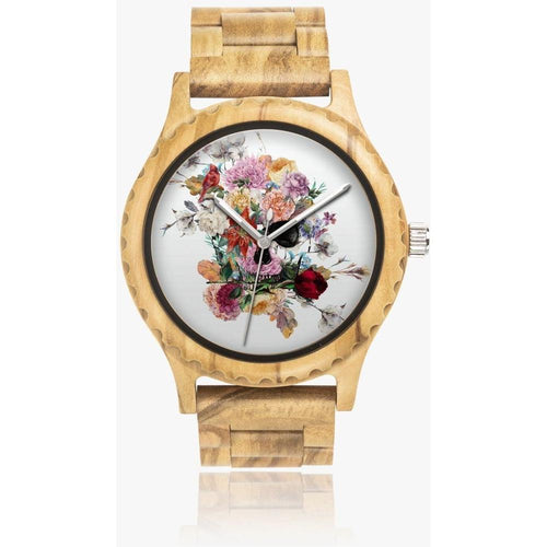 Load image into Gallery viewer, Jacki Easlick Floral Skull Italian Olive Lumber Wooden Watch
