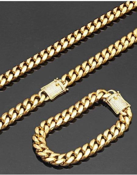 GOLD GUILD 12MM Stainless Steel Cuban Necklace and Matching Bracelet Set with Gold Rock 4MM Brass Tennis Choker Chain