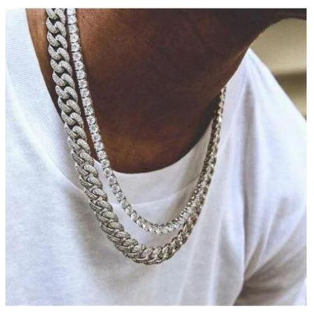 GOLD GUILD 12MM Stainless Steel Cuban Necklace and Matching Bracelet Set with Gold Rock 4MM Brass Tennis Choker Chain