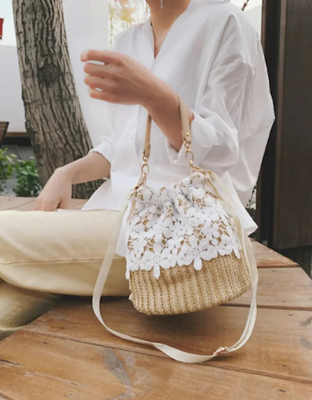 Luxurious Summer Crossbody Straw Bucket with Lace