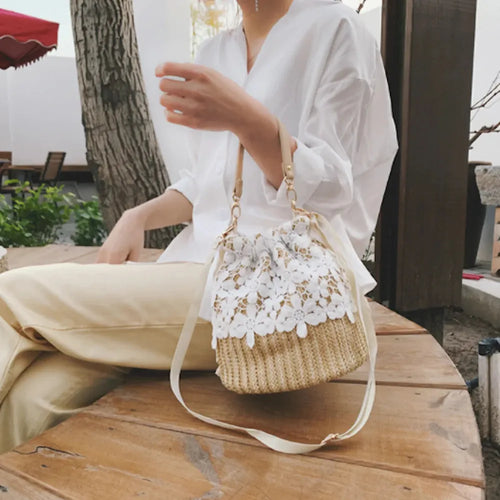 Load image into Gallery viewer, Luxurious Summer Crossbody Straw Bucket with Lace
