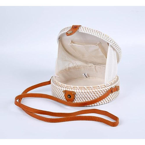 Load image into Gallery viewer, Bali Handwoven Round Rattan Bag with Leather Strap
