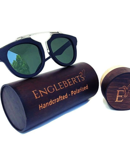 Black Wood and Silver Trim Sunglasses, G15 Lenses with Bamboo Case