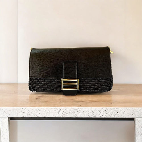 Load image into Gallery viewer, Woven Raffia and Genuine Leather Italian Leather Clutch Bag, Crossbody
