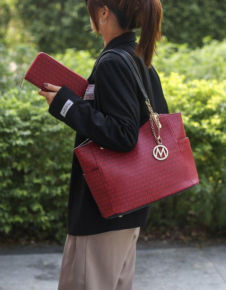 Savannah M Logo Printed Vegan Leather Women Tote and Wristlet Wallet