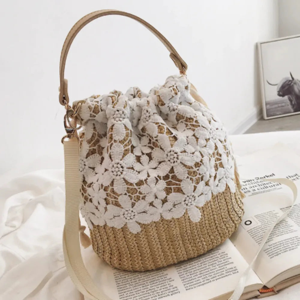 Luxurious Summer Crossbody Straw Bucket with Lace