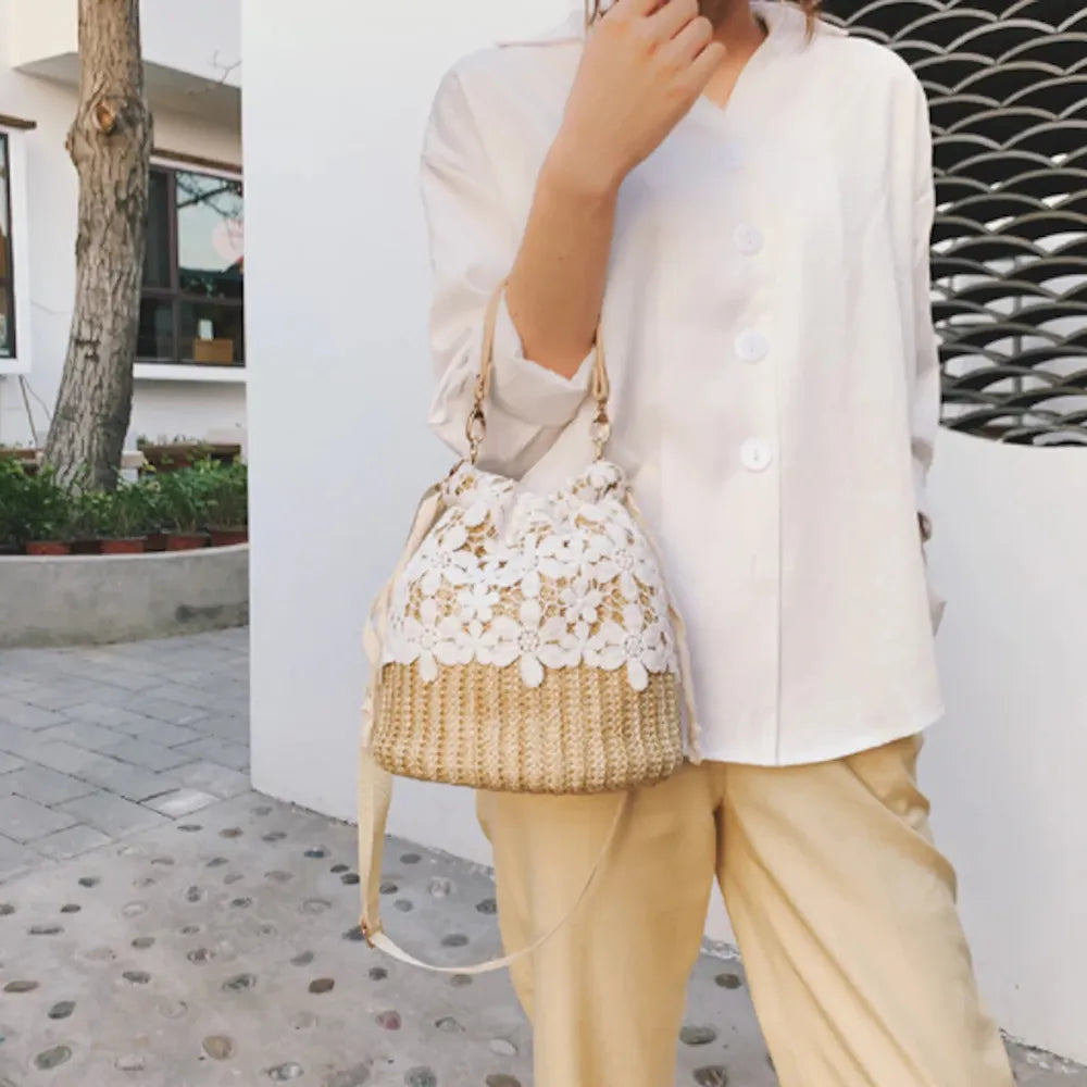 Luxurious Summer Crossbody Straw Bucket with Lace