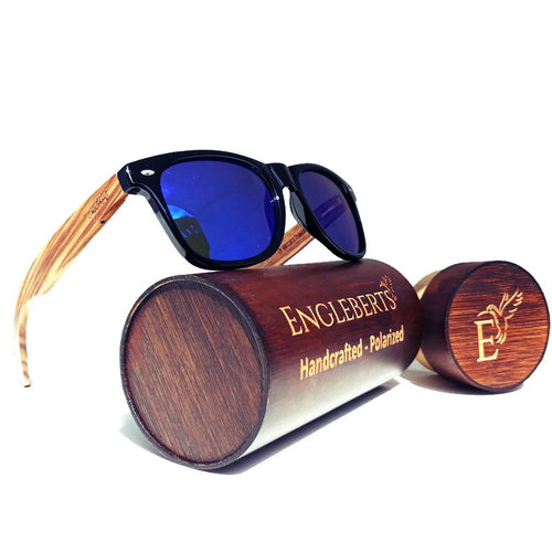 Load image into Gallery viewer, Zebrawood Sunglasses with Blue Polarized Lenses and Case
