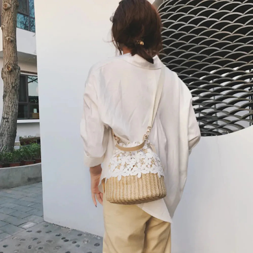 Luxurious Summer Crossbody Straw Bucket with Lace