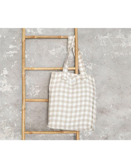 White and Natural check linen weekender bag