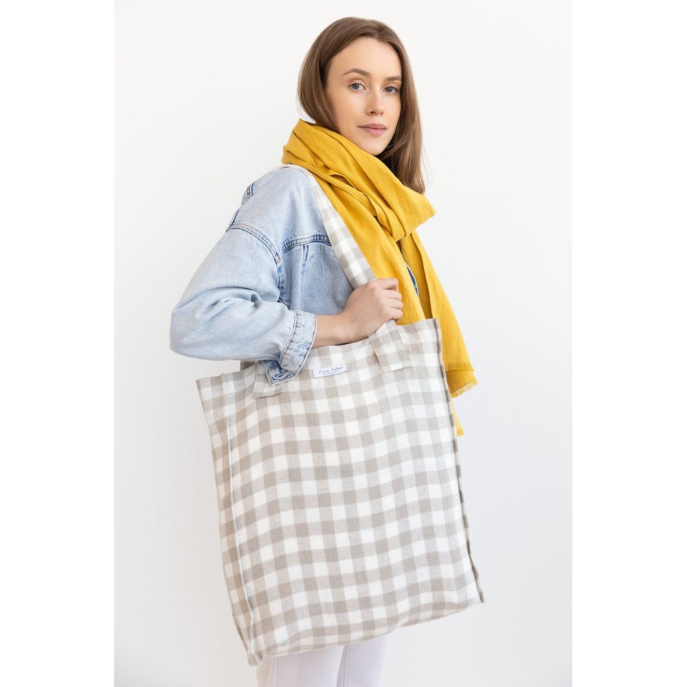 White and Natural check linen weekender bag