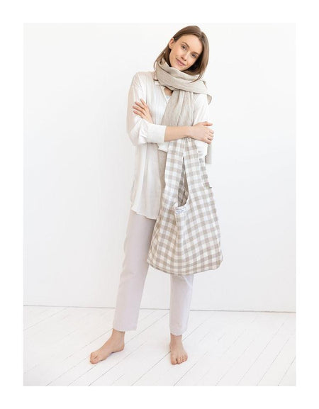 Natural and White check linen tote bag with inside pocket
