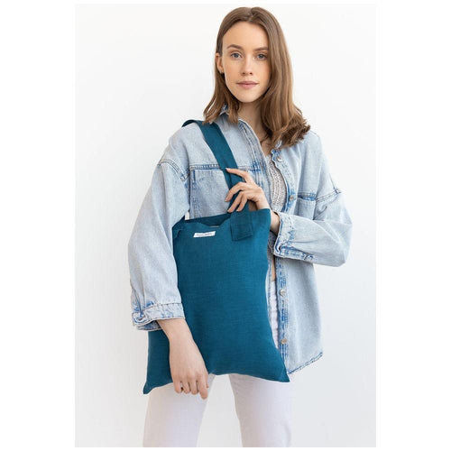 Load image into Gallery viewer, Dark Sea Blue linen large tote bag
