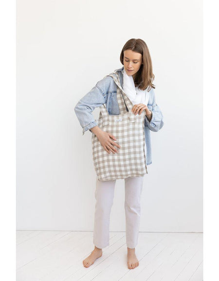 White and Natural check linen weekender bag