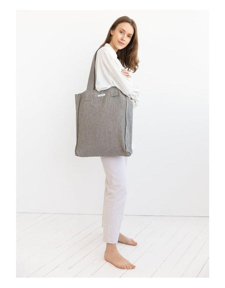 Striped Dark Grey linen weekender bag