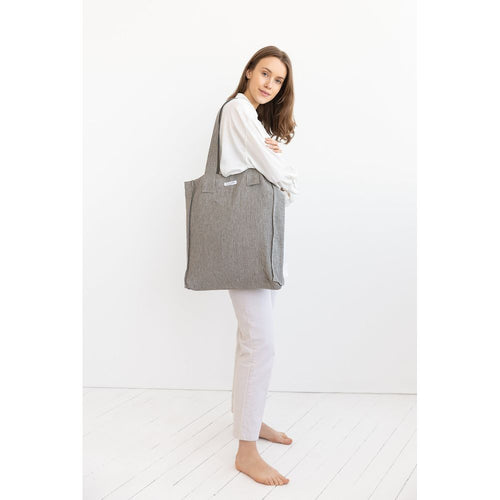 Load image into Gallery viewer, Striped Dark Grey linen weekender bag
