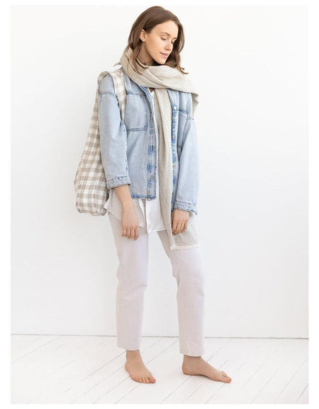 Natural and White check linen tote bag with inside pocket