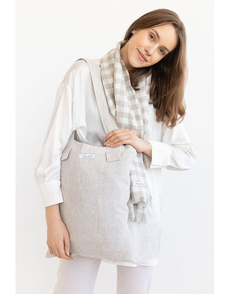 Striped Beige linen large tote bag