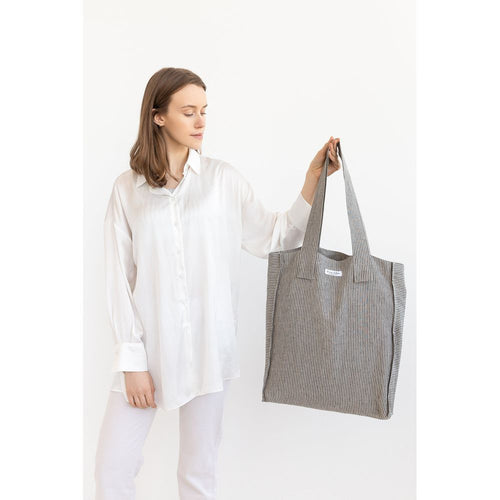 Load image into Gallery viewer, Striped Dark Grey linen weekender bag
