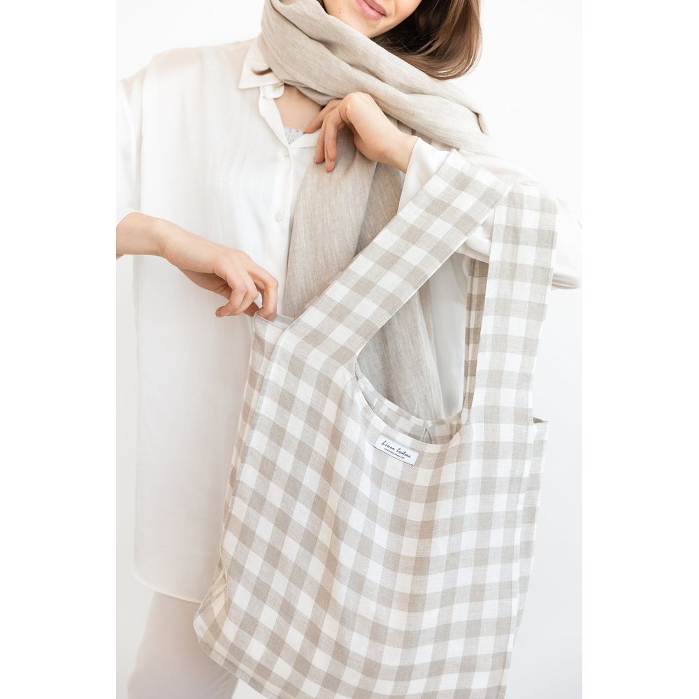 Natural and White check linen tote bag with inside pocket