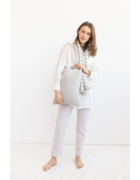 Striped Beige linen large tote bag