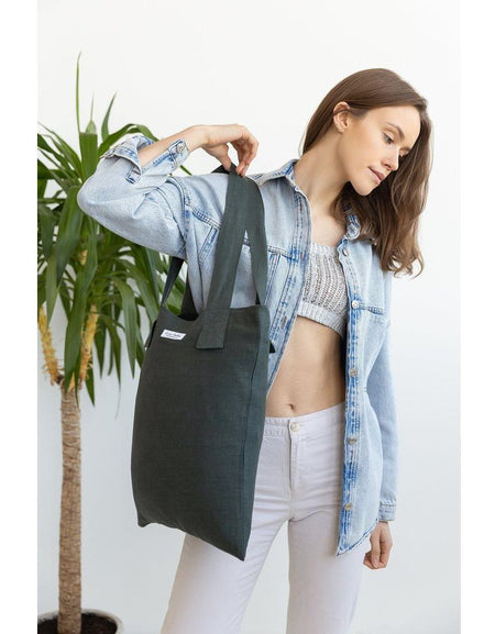 Greyish Green linen large tote bag