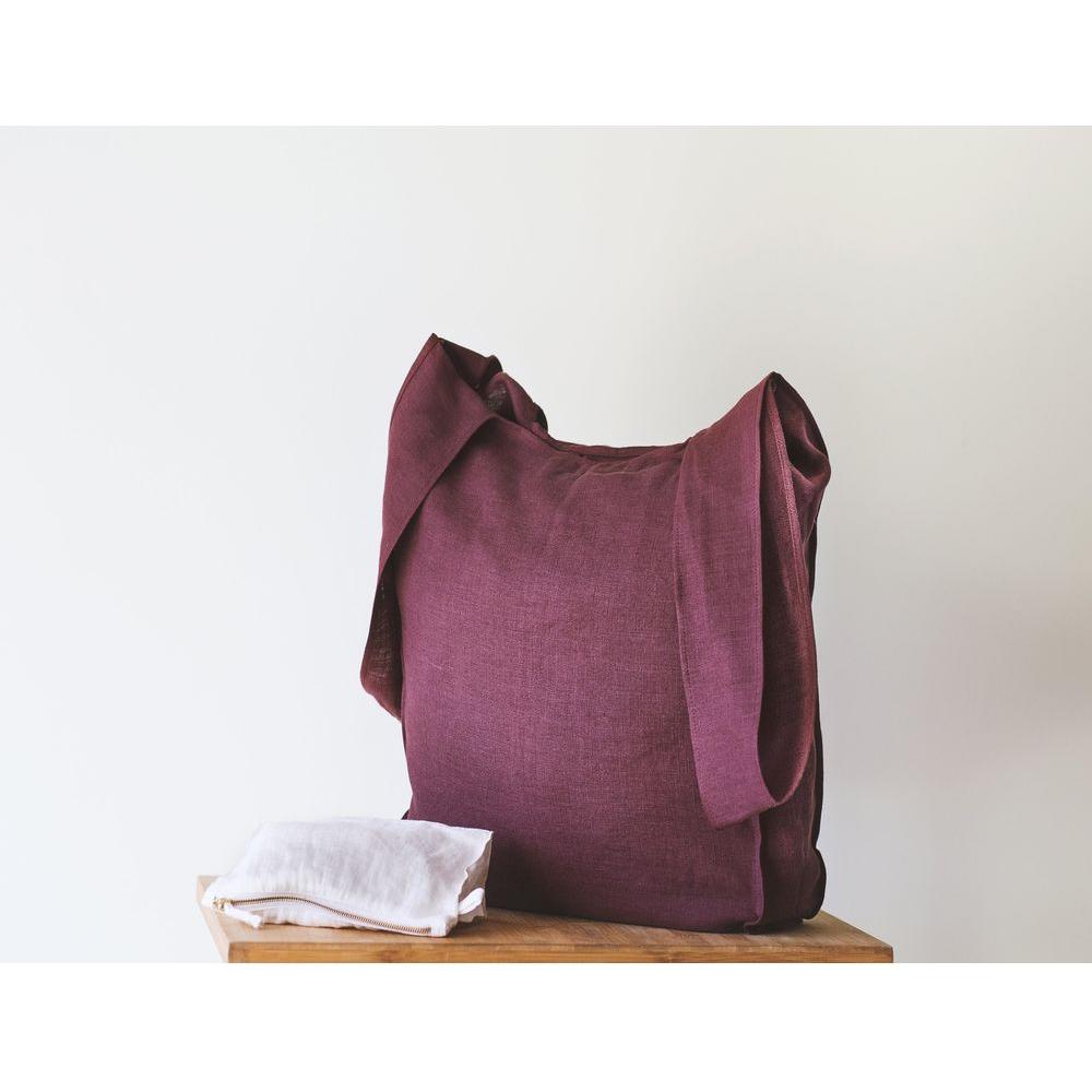 Dark Plum linen tote bag with inside pocket