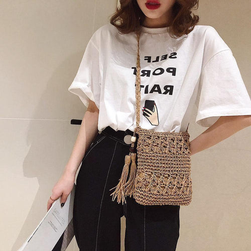 Load image into Gallery viewer, Chic &amp; Unique: Small Straw Summer Crossbody with Tassel
