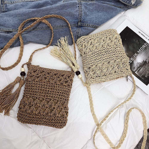 Load image into Gallery viewer, Chic &amp; Unique: Small Straw Summer Crossbody with Tassel
