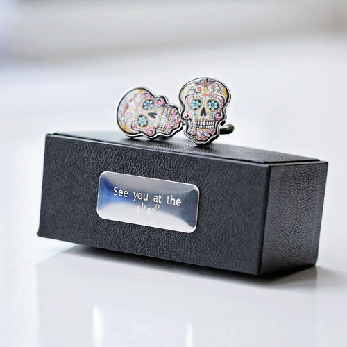 Load image into Gallery viewer, Skull Cufflinks + Engraved Box
