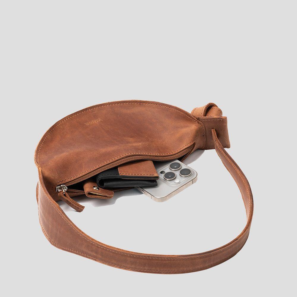 Designer Shoulder Bag - Crescent Cognac Brown