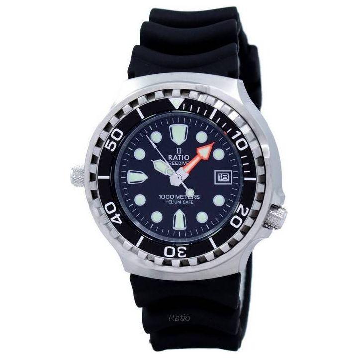 Ratio FreeDiver Helium Safe 1000M Sapphire Quartz Men's Watch - Black Stainless Steel with PU Strap (Model 1038EF102V)