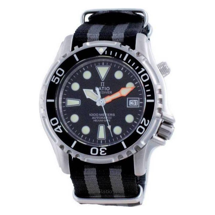 Ratio Free Diver Helium Safe Nylon Automatic Diver's 1066KE20-33VA-BLK-var-NATO1 1000M Men's Watch - Black